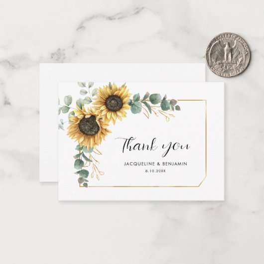 Floral Eucalyptus Zonnebloem Bruiloft Dank u Notitiekaartje (Voorkant / Achterkant in situ)