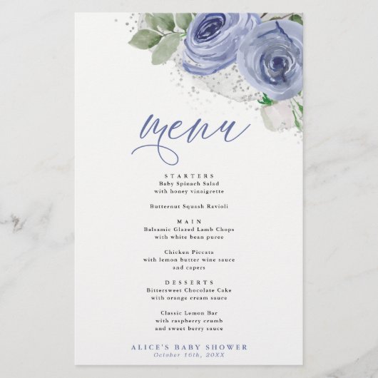 Floral-event menu Blauw- en zilverWaterverf (Voorkant)