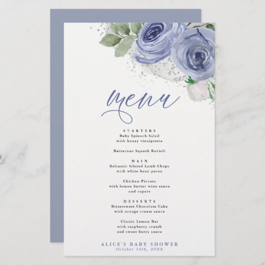 Floral-event menu Blauw- en zilverWaterverf (Voorkant / Achterkant)