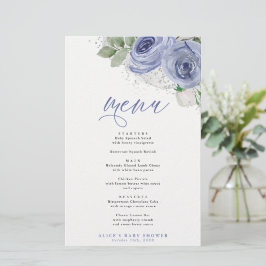 Floral-event menu Blauw- en zilverWaterverf (Staand voorkant)