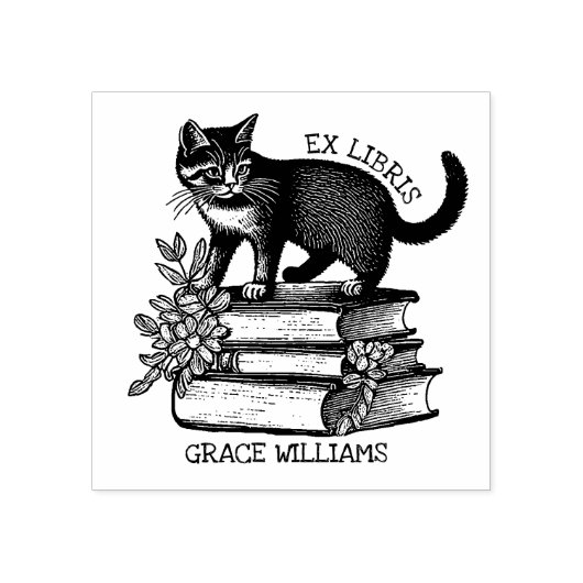 Floral Ex Libris Boekplaat,  Kattenboek Rubberstempel (Afrduk)