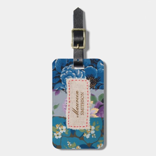 Floral Fabric Patchwork (blauw) op maat Bagagelabel (Voorkant verticaal)