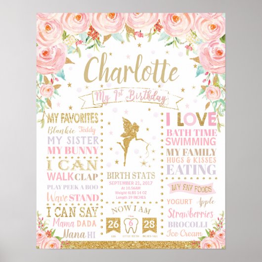 Floral Fairy 1st Birthday Milestone Birth Stats Po Poster (Voorkant)