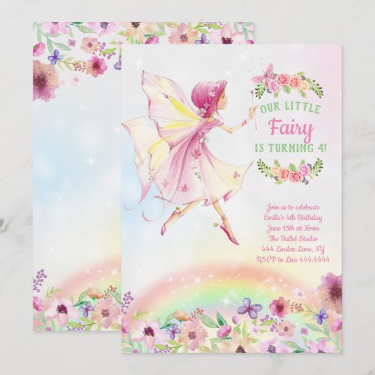Floral Fairy Birthday Party Kaart (Voorkant / Achterkant)