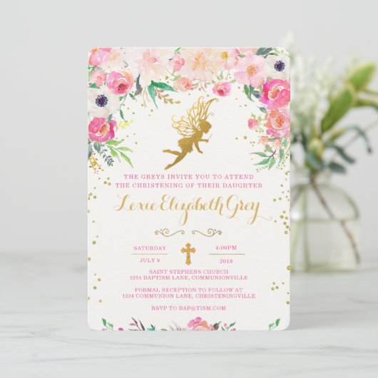 Floral Fairy Christening Uitnodiging (Staand voorkant)