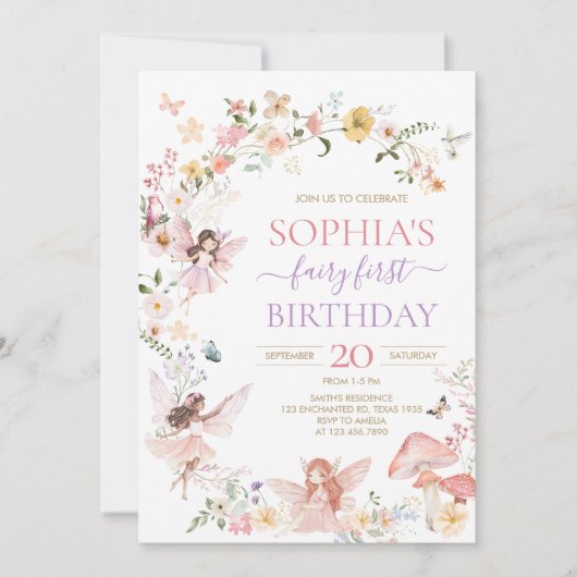 Floral Fairy Eerste Verjaardag Uitnodiging (Voorkant)