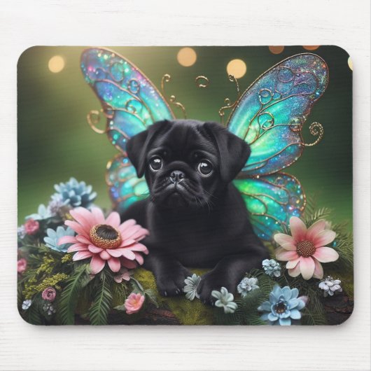Floral Fairy Pug Puppy Mousepad Muismat (Voorkant)