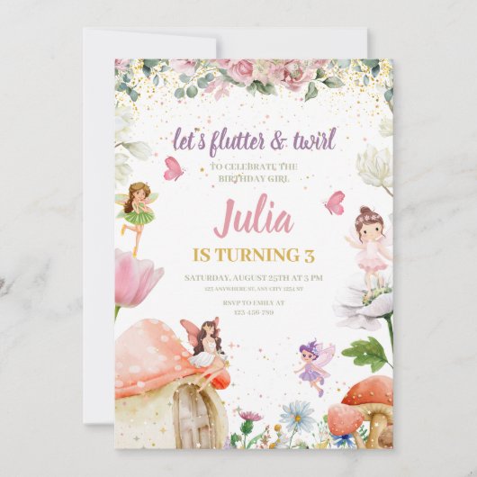 Floral Fairy Verjaardag Uitnodiging, Tuin Meisjes Kaart (Voorkant)
