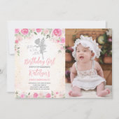Floral Fairy Verjaardag Zilver Glitter Foto Kaart (Voorkant)