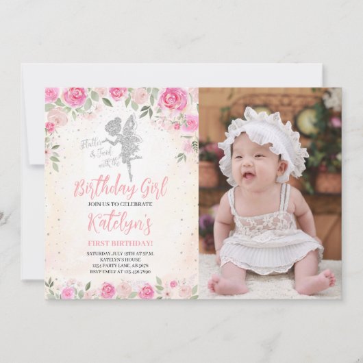 Floral Fairy Verjaardag Zilver Glitter Foto Kaart (Voorkant)