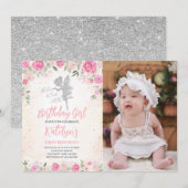 Floral Fairy Verjaardag Zilver Glitter Foto Kaart (Voorkant / Achterkant)