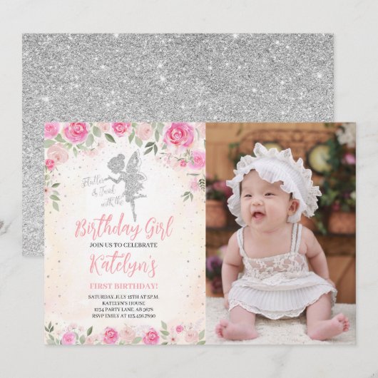 Floral Fairy Verjaardag Zilver Glitter Foto Kaart (Voorkant / Achterkant)