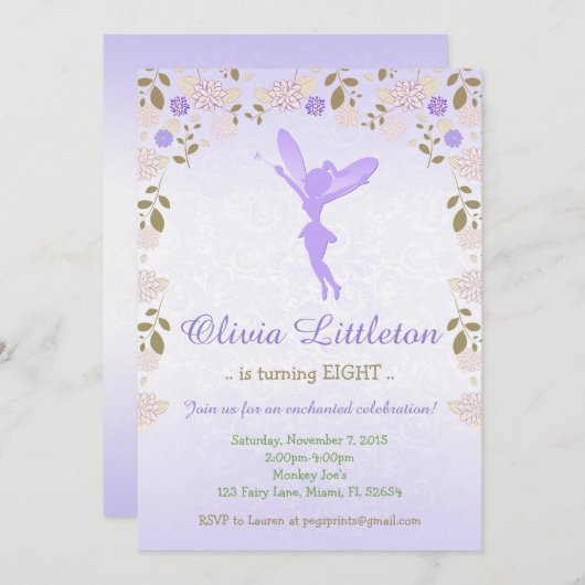 Floral Fairy Verjaardagsuitnodiging - Paarse Fairy Kaart (Voorkant / Achterkant)