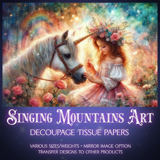 Floral Fairytale Girl and Unicorn Decoupage  Tissuepapier