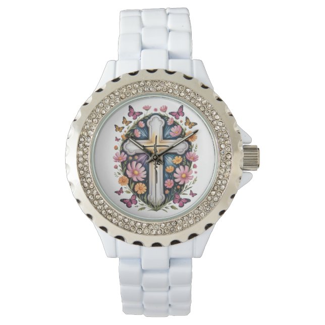 Floral Faith Cross Horloge (Voorkant)