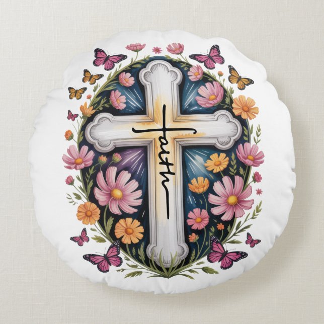 Floral Faith Cross Rond Kussen (Voorkant)