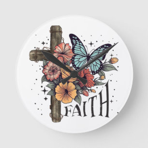 Floral Faith Cross Ronde Klok