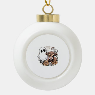 Floral Fall Highland Cow Ghost Keramische Bal Ornament