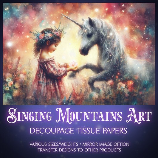 Floral Fantasy Girl and Unicorn Decoupage  Tissuepapier