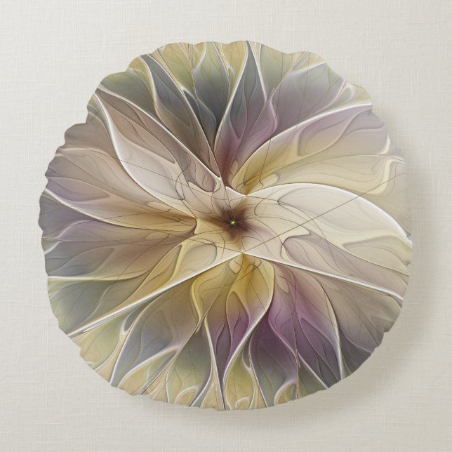 Floral Fantasy Gold Eggplant Abstracte fractale ku Rond Kussen (Voorkant)