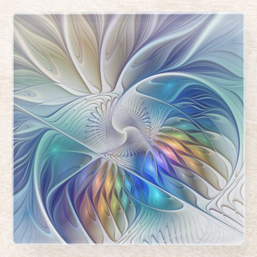 Floral Fantasy, kleurrijke Abstracte fractale bloe Glazen Onderzetter (Voorkant)