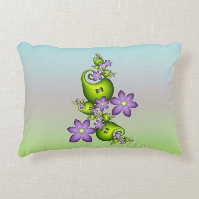 Floral Fantasy Lila Flowers Green Shapes Fractal Accent Kussen (Voorkant)