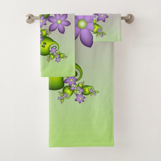 Floral Fantasy Lila Flowers Green Shapes Fractal Bad Handdoek (Insitu)