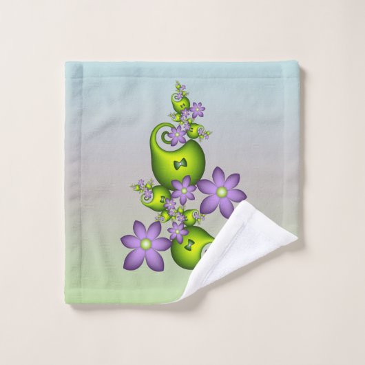 Floral Fantasy Lila Flowers Green Shapes Fractal Bad Handdoek (Wasdoekje)