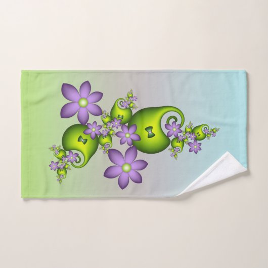 Floral Fantasy Lila Flowers Green Shapes Fractal Bad Handdoek (Handdoek)