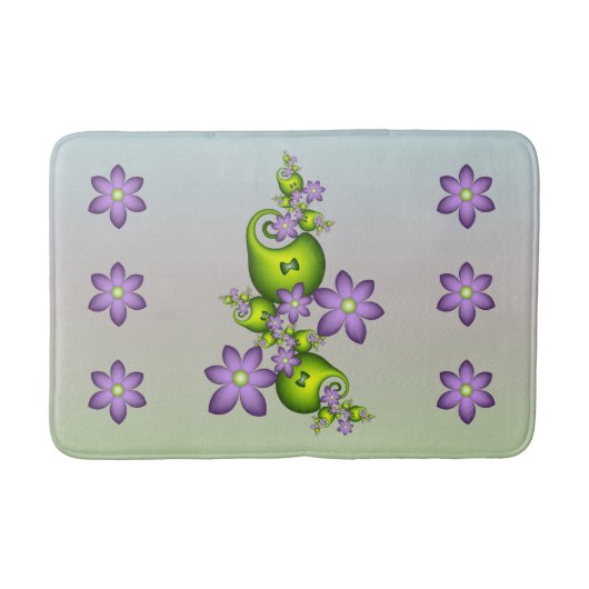 Floral Fantasy Lila Flowers Green Shapes Fractal Badmat (Voorkant)