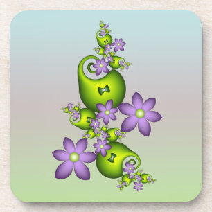 Floral Fantasy Lila Flowers Green Shapes Fractal Bier Onderzetter