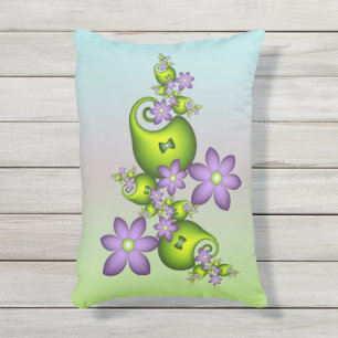 Floral Fantasy Lila Flowers Green Shapes Fractal Buitenkussen