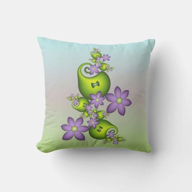 Floral Fantasy Lila Flowers Green Shapes Fractal Buitenkussen (Voorkant)