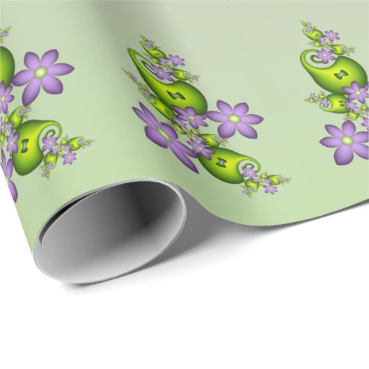 Floral Fantasy Lila Flowers Green Shapes Fractal Cadeaupapier (Rol Hoek)