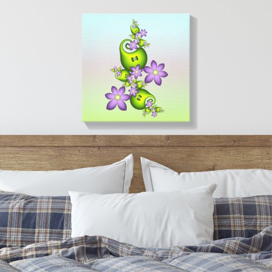 Floral Fantasy Lila Flowers Green Shapes Fractal Canvas Afdruk (Insitu (Slaapkamer))