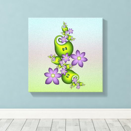 Floral Fantasy Lila Flowers Green Shapes Fractal Canvas Afdruk (Insitu (Houten vloer))