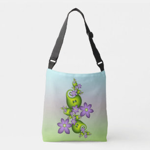 Floral Fantasy Lila Flowers Green Shapes Fractal Crossbody Tas