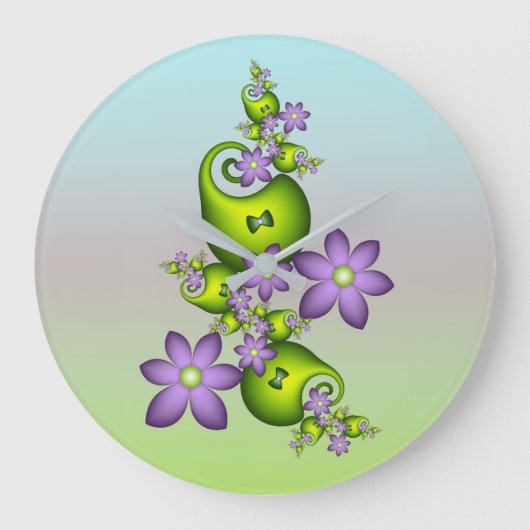 Floral Fantasy Lila Flowers Green Shapes Fractal Grote Klok (Voorkant)