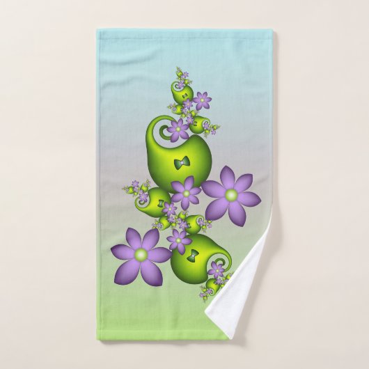 Floral Fantasy Lila Flowers Green Shapes Fractal Handdoek (Handdoek)