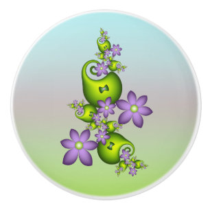 Floral Fantasy Lila Flowers Green Shapes Fractal Keramische Knop
