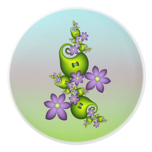 Floral Fantasy Lila Flowers Green Shapes Fractal Keramische Knop (Voorkant)