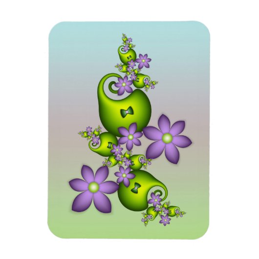 Floral Fantasy Lila Flowers Green Shapes Fractal Magneet (Verticaal)