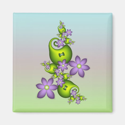 Floral Fantasy Lila Flowers Green Shapes Fractal Magneet (Voorkant)