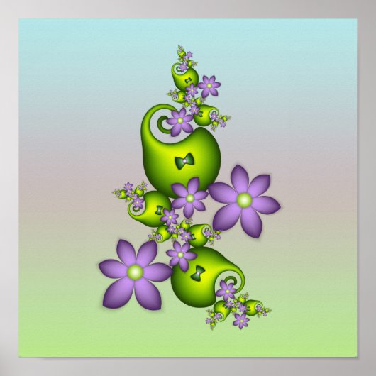 Floral Fantasy Lila Flowers Green Shapes Fractal Poster (Voorkant)
