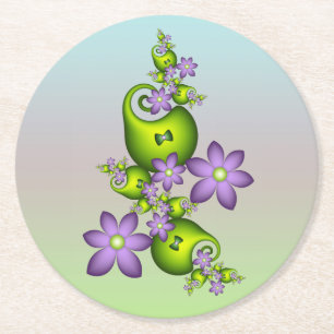 Floral Fantasy Lila Flowers Green Shapes Fractal Ronde Kartonnen Onderzetter