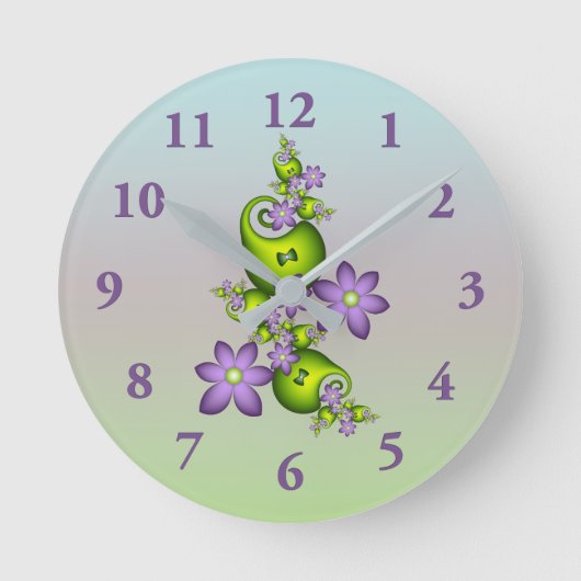 Floral Fantasy Lila Flowers Green Shapes Fractal Ronde Klok (Voorkant)