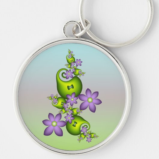 Floral Fantasy Lila Flowers Green Shapes Fractal Sleutelhanger (Voorkant)