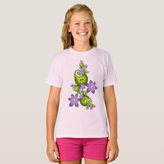 Floral Fantasy Lila Flowers Green Shapes Fractal T-shirt (Voorkant volledig)