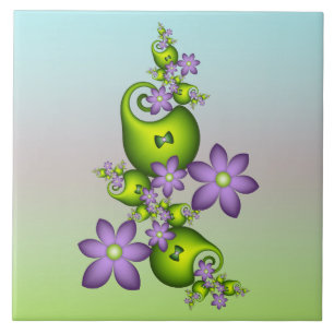 Floral Fantasy Lila Flowers Green Shapes Fractal Tegeltje