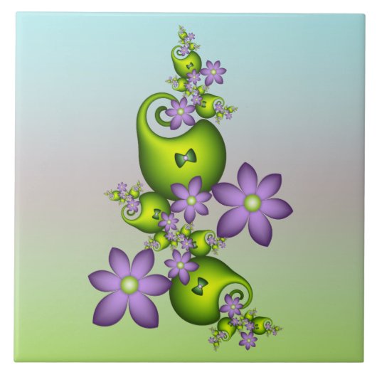 Floral Fantasy Lila Flowers Green Shapes Fractal Tegeltje (Voorkant)